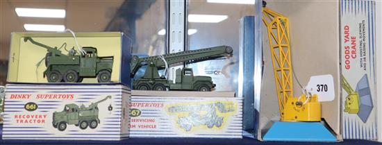 A Dinky Supertoys 661 Recovery Tractor, 667 Missile Servicing Platform Vehicle and 973 Goods Yard Crane, boxed, good (3)